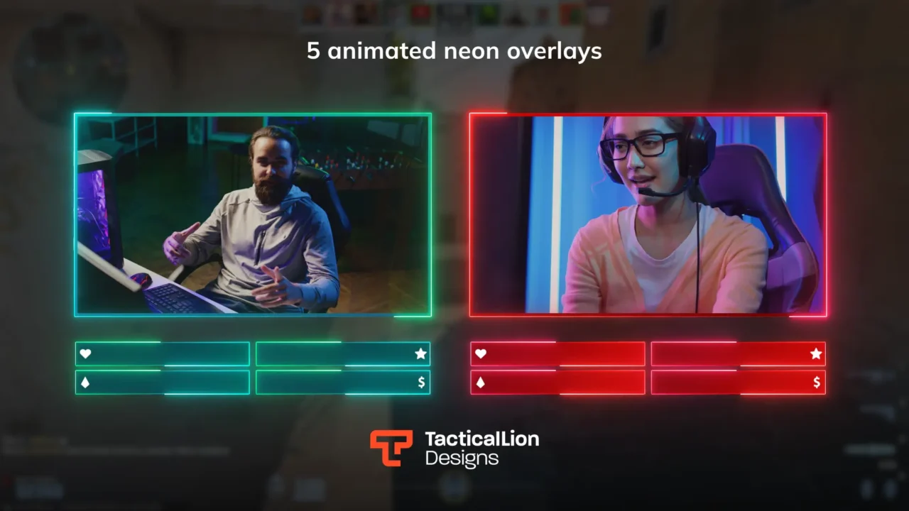 Streamer webcam overlays in glowing blue and red with animated stat bars