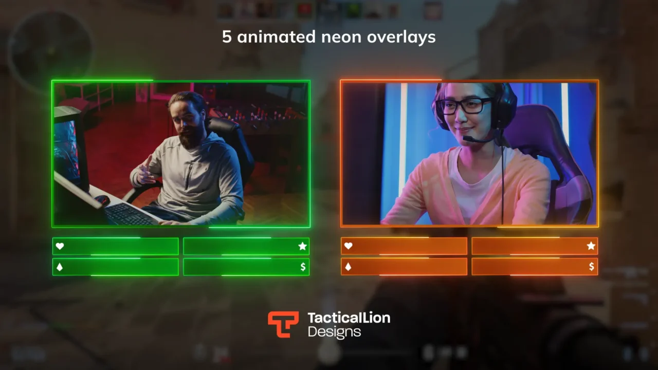 Glowing green and orange animated stream overlays with webcam frames and stat bars