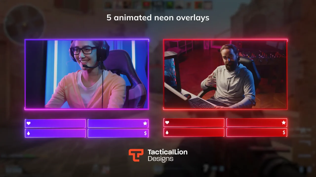 Animated purple and red stream overlays with glowing webcam frames and UI elements