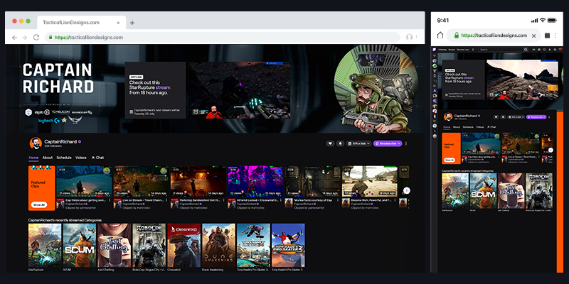 Twitch banner shown at recommended 1200 x 480 pixels on desktop and mobile