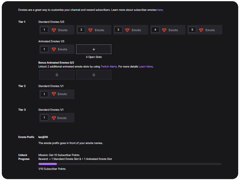 Twitch Creator Dashboard showing emote upload screen and size slots